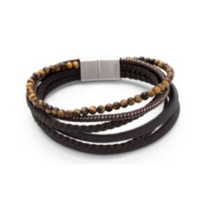 Brown Leather Multi Strand/Tiger eye Stainless Steel Bracelet