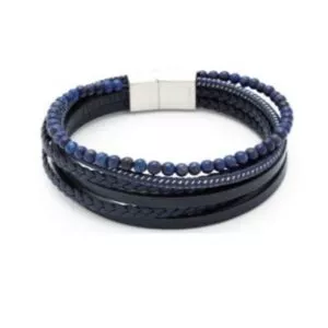 Blue Leather Multi Strand/Lapis Stainless Steel Mens Bracelet