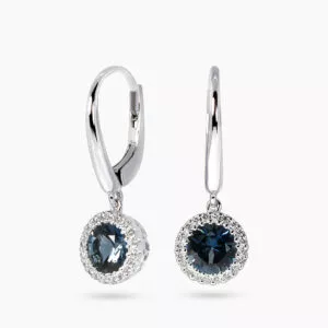 18ct white gold london blue topaz and diamond drop earrings