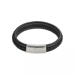 Black Stitched Leather / Stainless Steel mens Bracelet