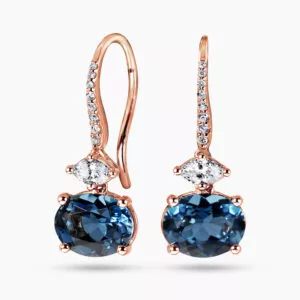 18ct rose gold oval London blue topaz and diamond drop earrings
