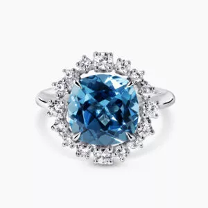 18ct white gold cushion cut Swiss blue topaz and diamond ring