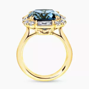 18ct yellow gold London blue topaz round & baguette cut diamonds ring