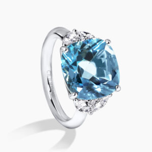 18ct white gold cushion cut Swiss blue topaz and diamond ring