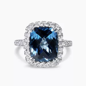 18ct white gold 6.54ct cushion cut London blue topaz & diamond ring