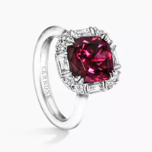 18ct white gold 4.00ct cushion cut Tanzanian rhodolite garnet & diamond ring