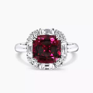 18ct white gold 4.00ct cushion cut Tanzanian rhodolite garnet & diamond ring