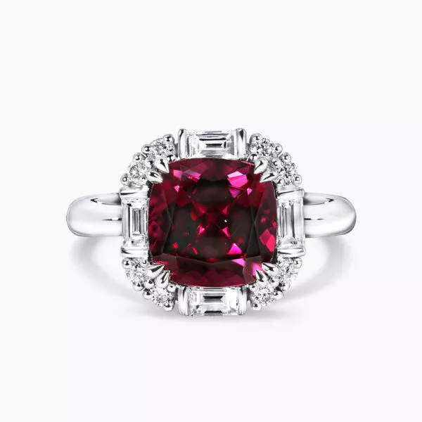 18ct white gold 4.00ct cushion cut Tanzanian rhodolite garnet & diamond ring