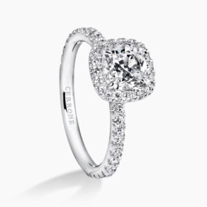 18ct white gold cushion diamond ring with diamond halo