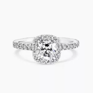 18ct white gold cushion diamond ring with diamond halo