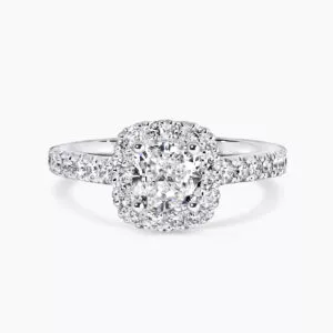 18ct white gold cushion cut diamond halo ring