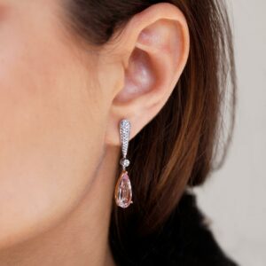 18ct white and rose gold pear morganite & diamond drop earrings