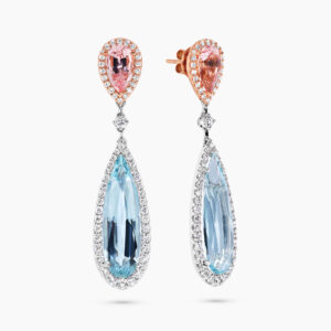 18ct white & rose gold aquamarine, morganite diamond drop earrings