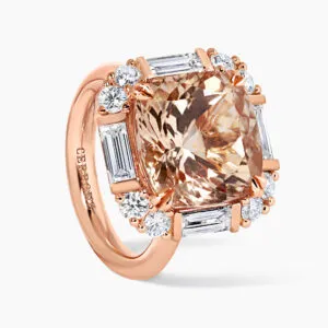 18ct rose gold cushion cut morganite and diamond ring