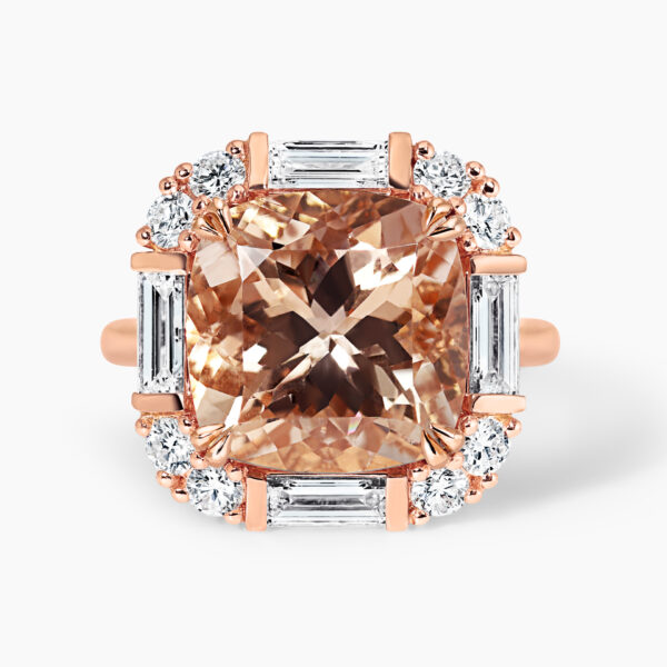 18ct rose gold cushion cut morganite and diamond ring