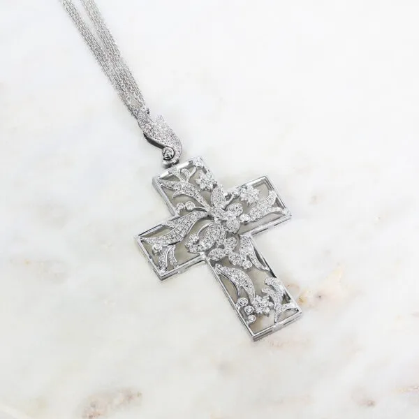 18ct White Gold pave and bezel set diamond cross necklace