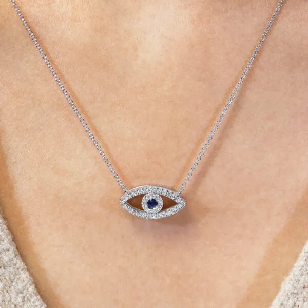 18ct white gold sapphire and diamond evil eye necklace - Image 2