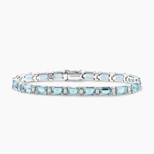 18ct white gold emerald cut aquamarines and baguette diamonds bracelet