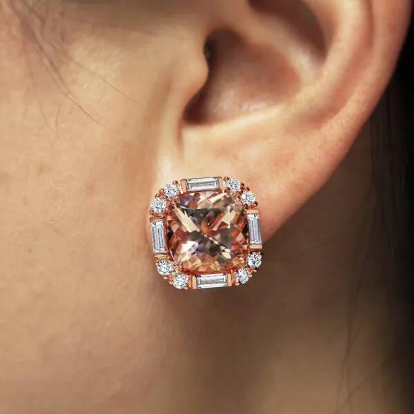 18ct rose gold cushion cut morganite and diamond earrings - Image 2