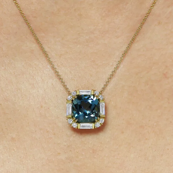 18ct yellow gold cushion cut london blue topaz and diamond necklace - Image 2