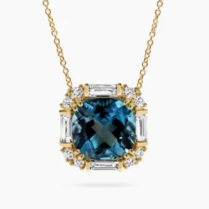 18ct yellow gold cushion cut london blue topaz and diamond necklace