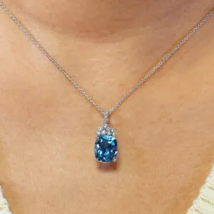 18ct white gold cushion cut Swiss Blue topaz and diamond necklace