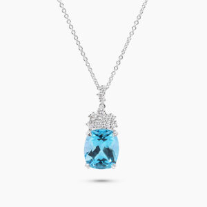 18ct white gold cushion cut Swiss Blue topaz and diamond necklace