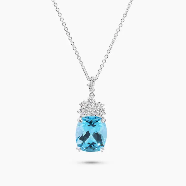 18ct white gold cushion cut Swiss Blue topaz and diamond necklace