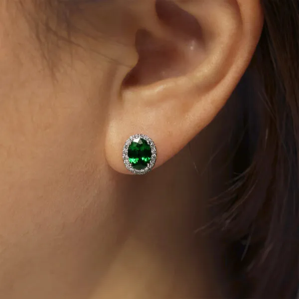 18ct white gold oval tsavorite and diamond halo stud earrings - Image 2
